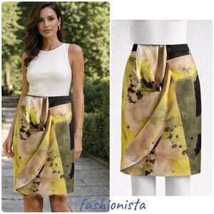 Vera Wang Silk Watercolor Layered Wrap Pencil Skirt – Asymmetric Tulip Overlay